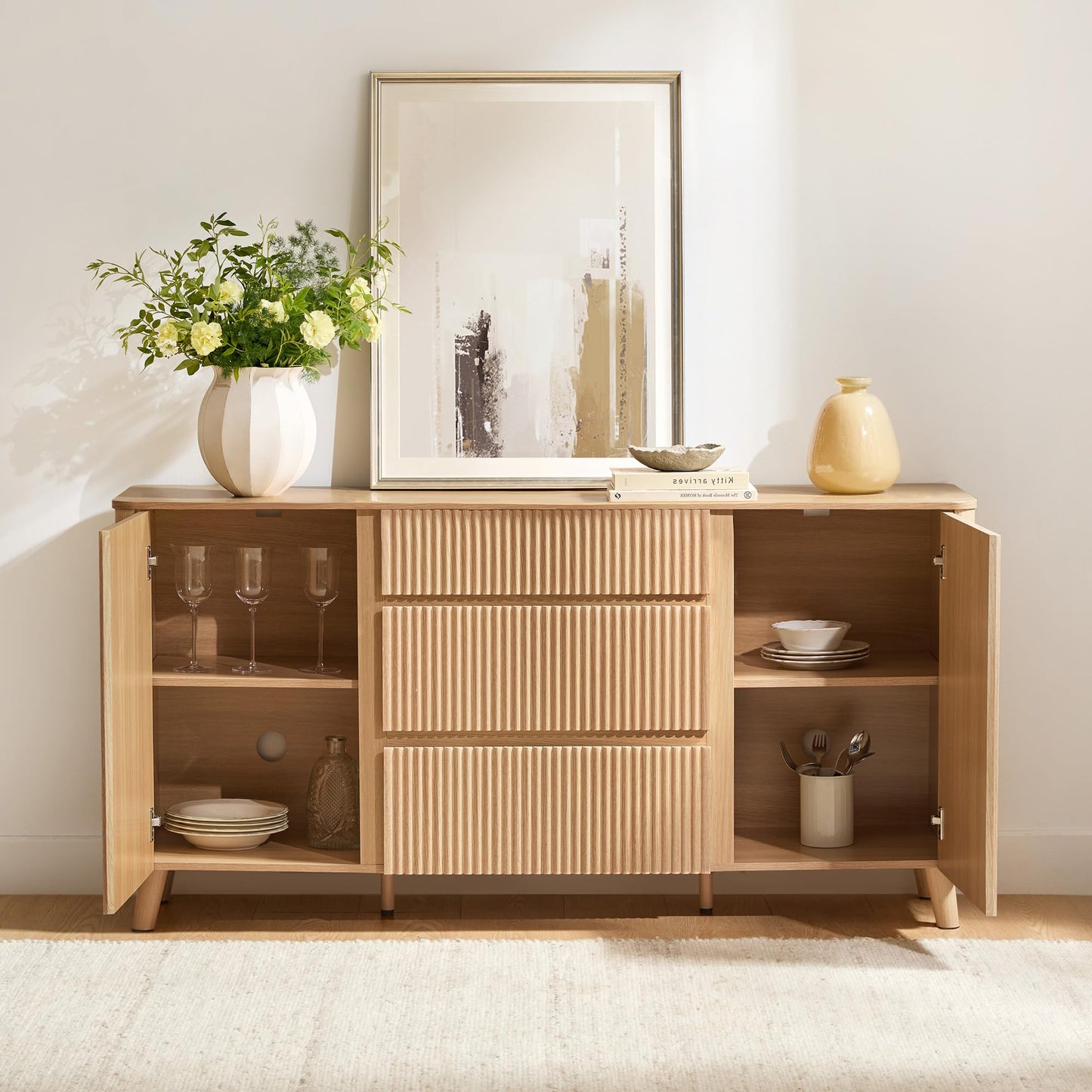 CHITA 62" Sideboard Buffet Cabinet with Storage, Fluted Cabinet with Drawers, Natural Oak
