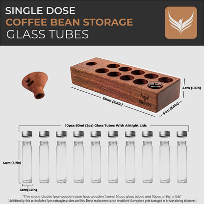 KNODOS Single Dose Coffee Bean Storage Tubes Coffee Bean Cellar 10 Pcs Dosing Glass Vials With Lids (2 Oz) Wooden Display Stand And Funnel