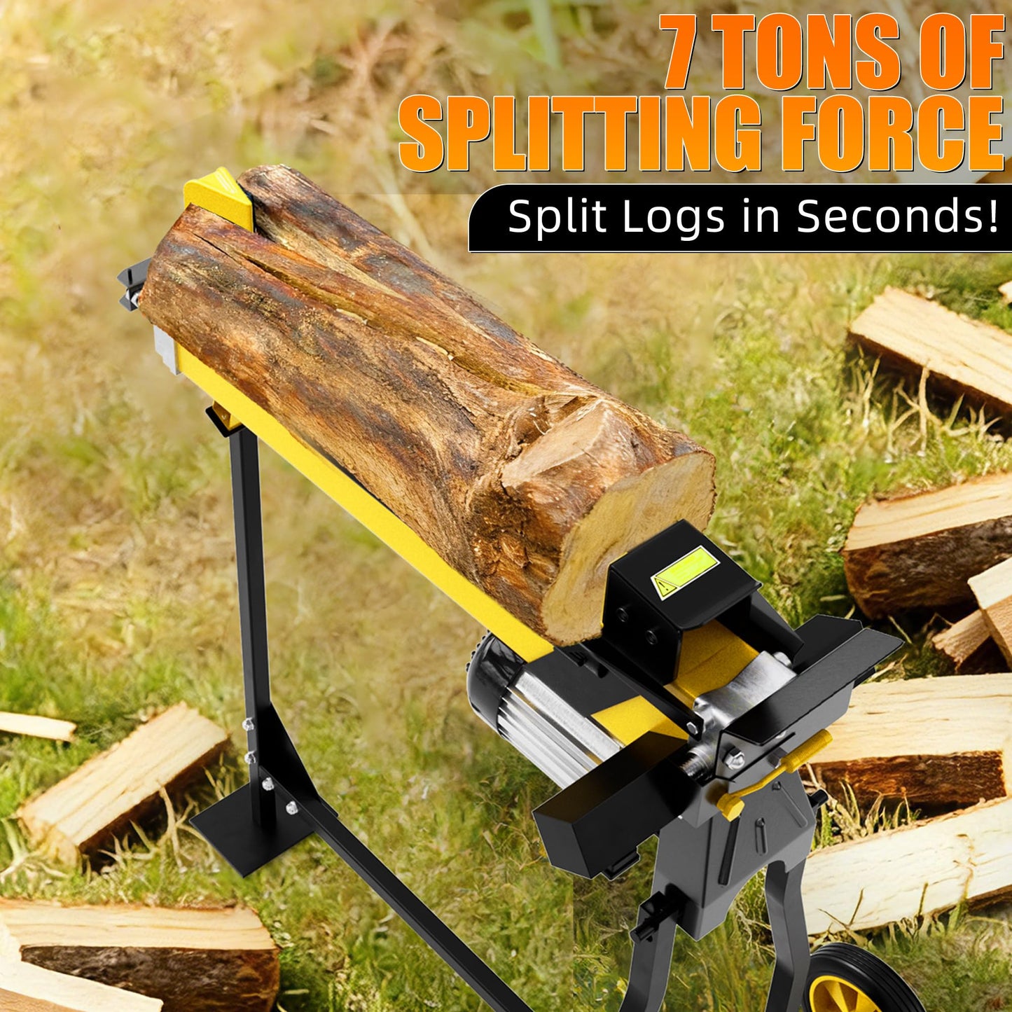 PPOLB 7 Ton Electric Wood Splitter, 15Amp Hydraulic Log Splitter with Stand, Portable Electric Log Splitter for Firewood, Compact Horizontal Wood Splitter for Backyard, Garage, Cabin - Yellow