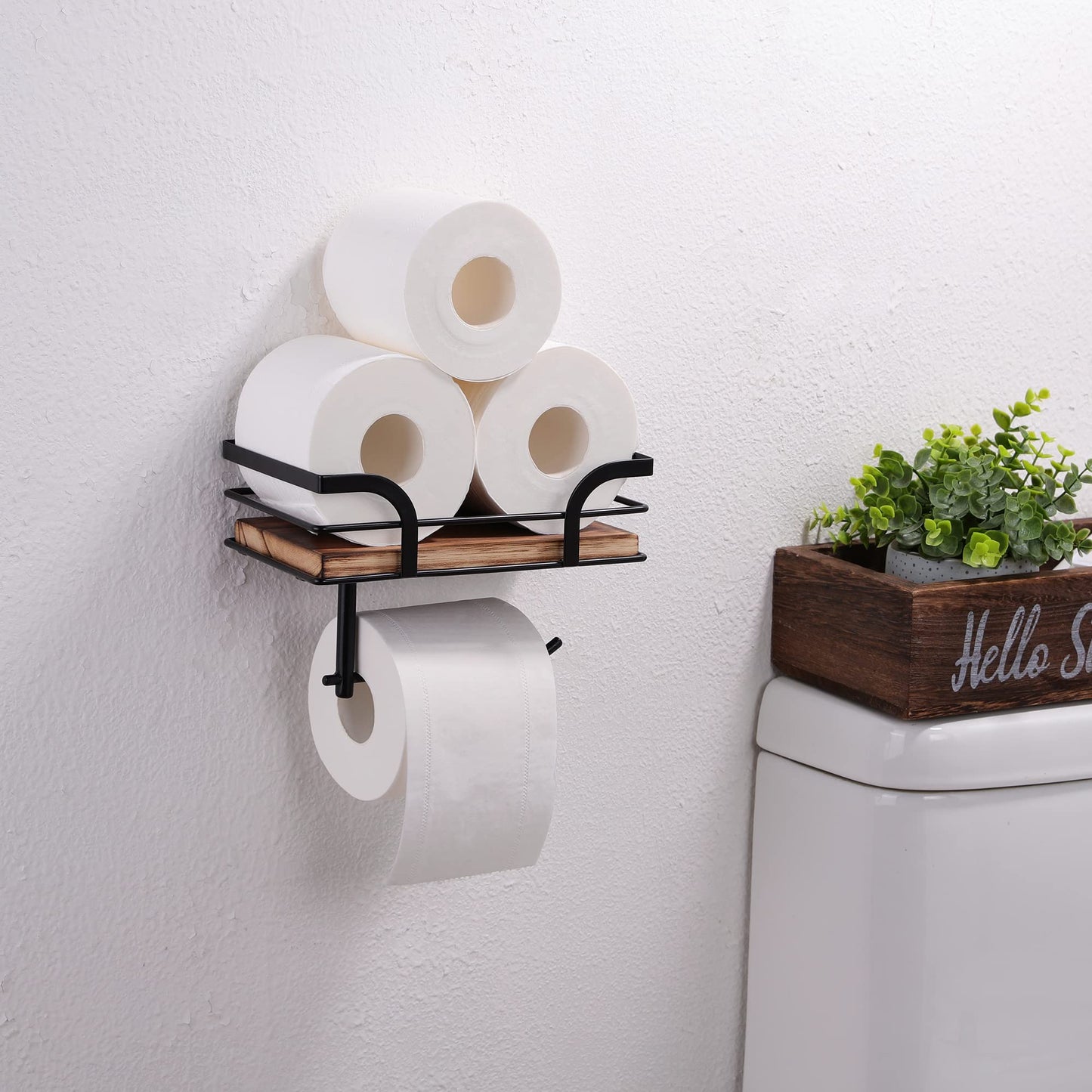 AIDILI Rustic Farmhouse Toilet Paper Holder with Shelf - Farmhouse Bathroom Rustic Country Decor - Rustic Bathroom Accessories with Warm Brown Wood Shelf for Wipes&Cell Phone&Reading, Black Metal