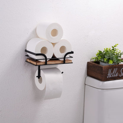 AIDILI Rustic Farmhouse Toilet Paper Holder with Shelf - Farmhouse Bathroom Rustic Country Decor - Rustic Bathroom Accessories with Warm Brown Wood Shelf for Wipes&Cell Phone&Reading, Black Metal