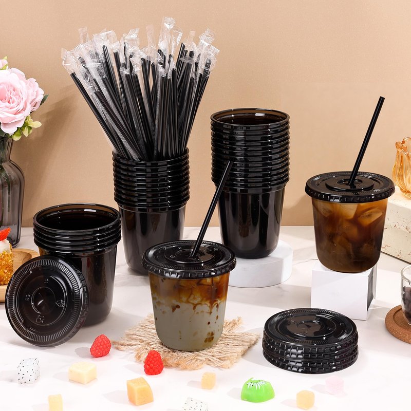 tchrules 100 Set 12oz Black Plastic Cups with Lids & Straws, Disposable Iced Coffee Cup with Lid, Round Bottom Plastic To Go Cups for Cold Drinks Slushie Smoothie Lemonade Party Picnic Shop Supplies