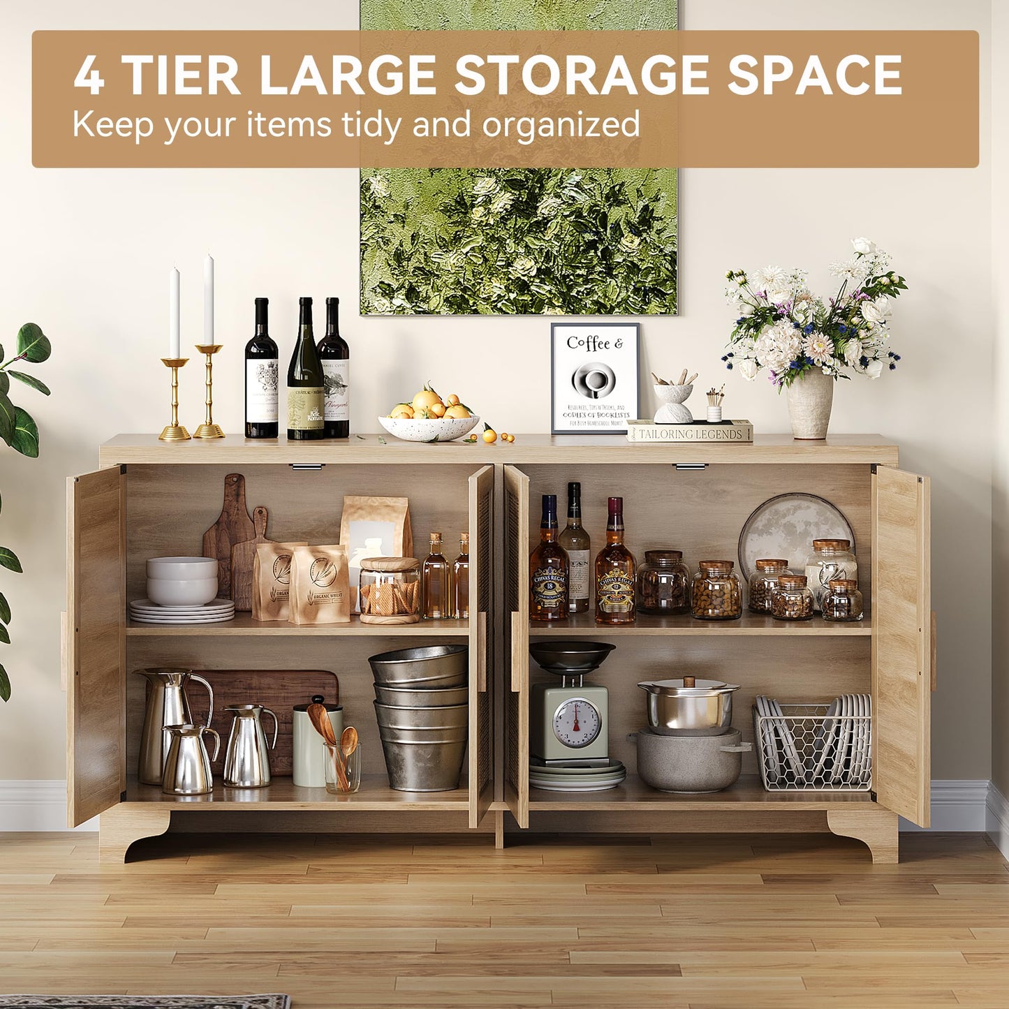 IDEALHOUSE Natural Rattan Sideboard Buffet Cabinet with Storage, Farmhouse Large Rattan Cabinet with 4 Doors, Wood Accent Coffee Bar Buffet Console Tables for Kitchen Living Room Entryway