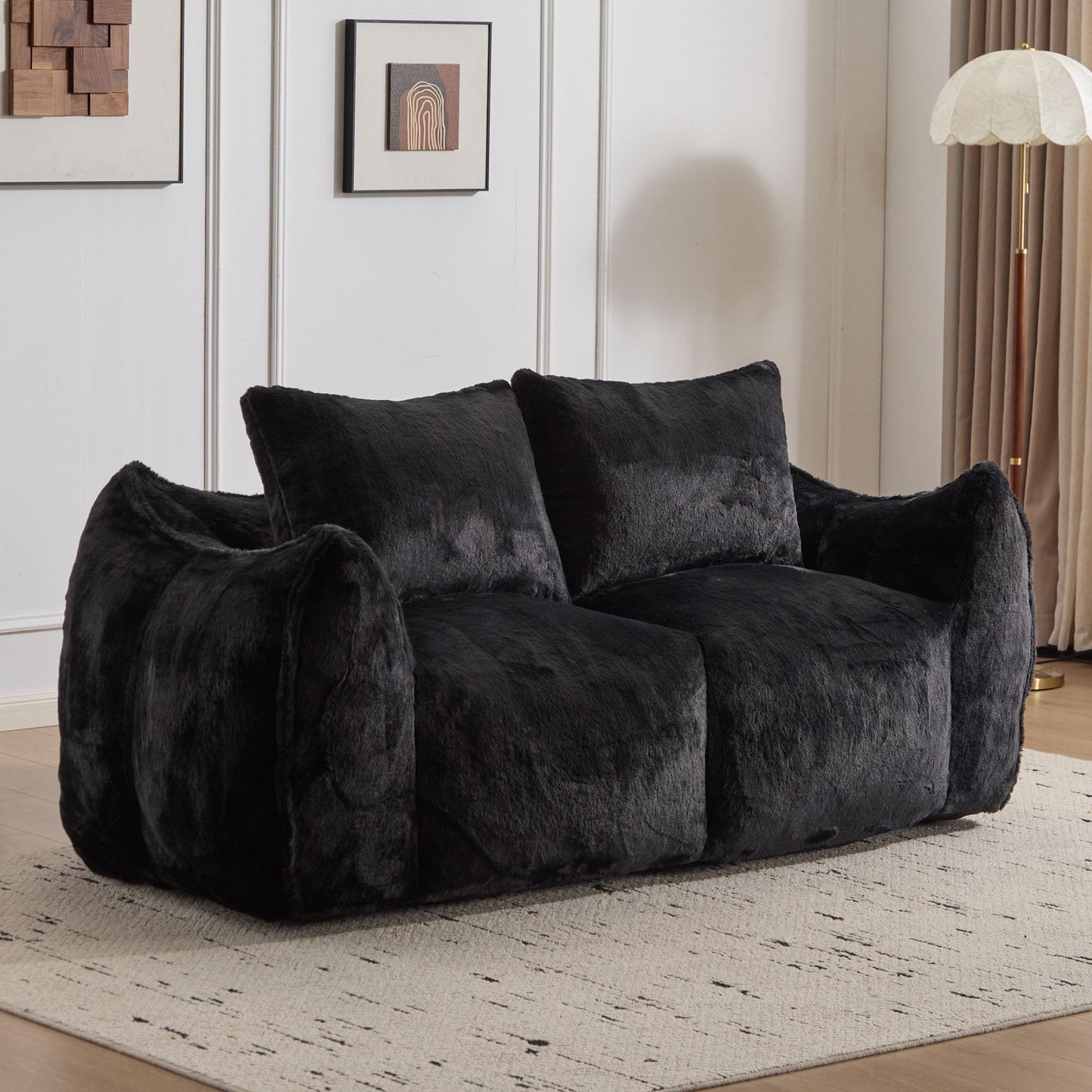 wisenook 75.2" Giant Bean Bag Chair for Adults, Ultra Soft Fluffy Loveseat Bean Bag Sofa, Oversized Floor Sofa for Living Room Bedroom, Cozy Reading Chair with 2 Pillows and Filler, Black