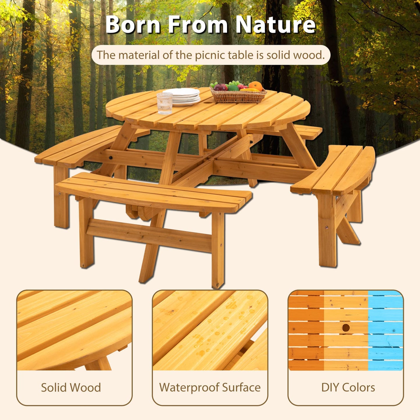 VroomAuto 8 Person Picnic Table Set with Benches, Solid Fir Wood Outdoor Dining Set, 43.3 Inch Round Table and 4 Foldable Benches for Patio Garden Camping, Natural Finish
