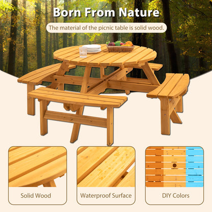 VroomAuto 8 Person Picnic Table Set with Benches, Solid Fir Wood Outdoor Dining Set, 43.3 Inch Round Table and 4 Foldable Benches for Patio Garden Camping, Natural Finish