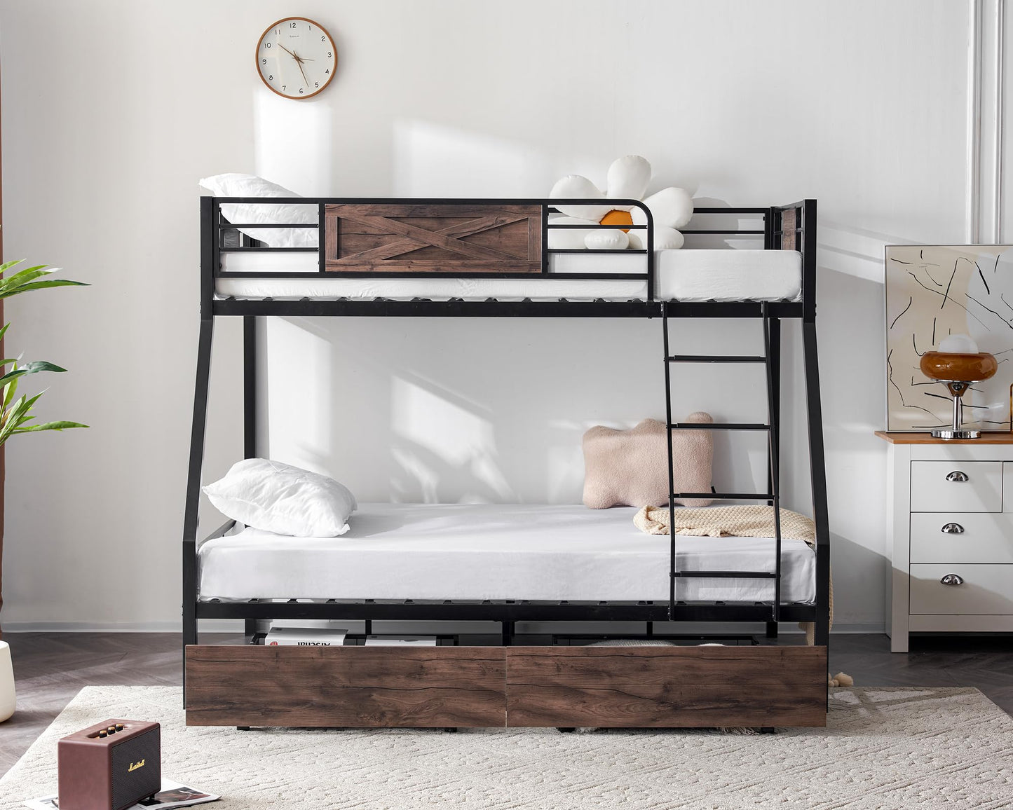 Bonnlo Metal Bunk Bed Twin Over Full with 2 Storage Drawers, Heavy Duty Twin Over Full Bunk Bed for Kids Teens Adults, 13.7-Inch Guardrail, Inclined Ladder, No Box Spring Needed, Black/Brown