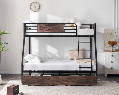 Bonnlo Metal Bunk Bed Twin Over Full with 2 Storage Drawers, Heavy Duty Twin Over Full Bunk Bed for Kids Teens Adults, 13.7-Inch Guardrail, Inclined Ladder, No Box Spring Needed, Black/Brown