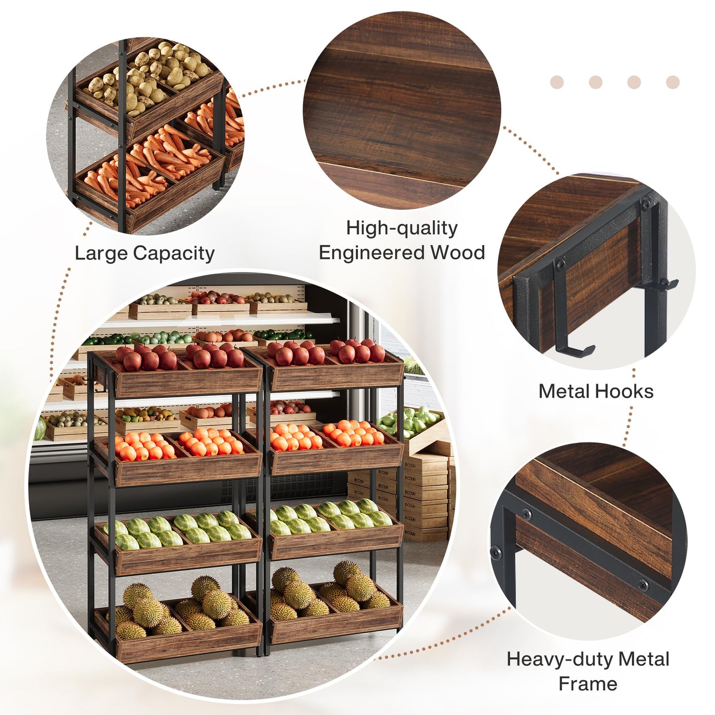 Tribesigns 4-Tier Retail Display Rack Set of 6, Heavy-Duty Commercial Display Stand for Candy, Vegetables, Snacks, Industrial Storage Shelf with Hooks for Retail Store (6, Brown+Black)