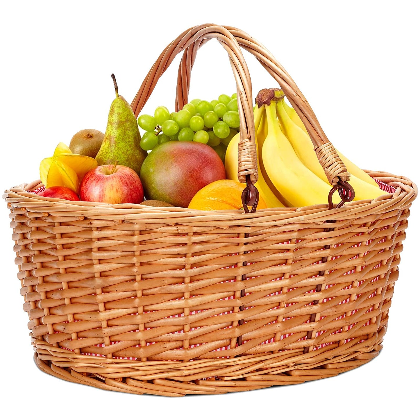 TwentyNext Wicker Picnic Basket with Double Folding Handles, Natural Large Willow Hamper Empty Basket Cheap Easter Eggs Candy Storage Wine Basket for Toy, Flower, Wedding（Red 16inch）