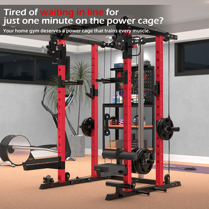 Power Rack with LAT Pulldown & Dual Pulley, 2000lbs Squat Rack for Home Gym, All-in-One Strength Training Cage with Cable Crossover, Bench Press & Pulley Workout System for Garage