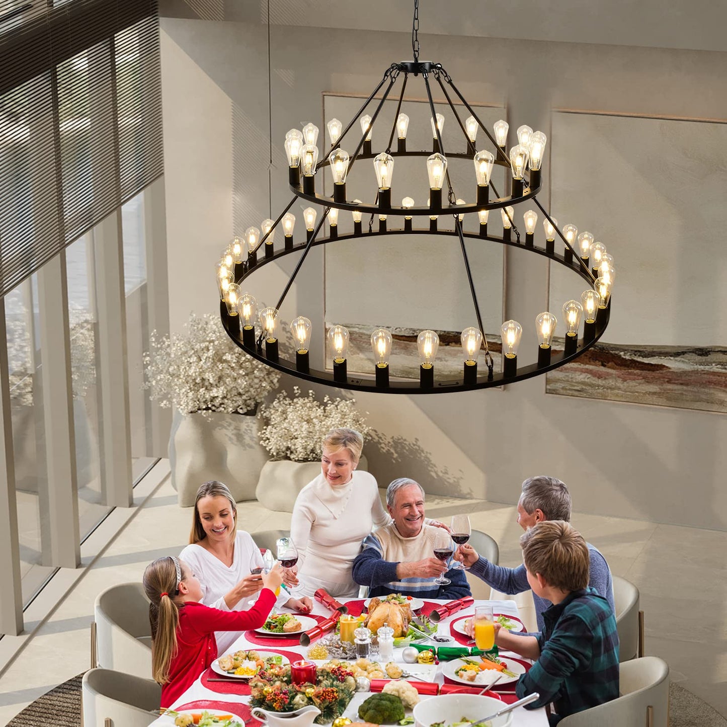 WOGON WEEL Wagon Wheel Chandelier 2 Tier 54-Light 60-inch, Farmhouse Industrial Chandelier Black Rustic Pendant Light Fixture Extra Large for High Ceilings, Living Room Foyer