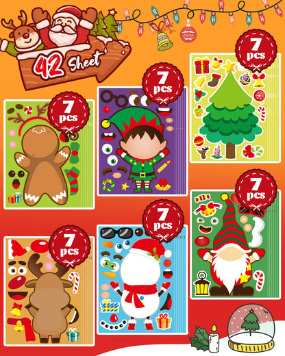 Oomloid 42 Sheets Christmas Party Favor Stickers for Kids, Christmas Goodie Bag Stocking Stuffers Face Stickers, Gifts Games Activities Holiday Sticker Crafts for Kids