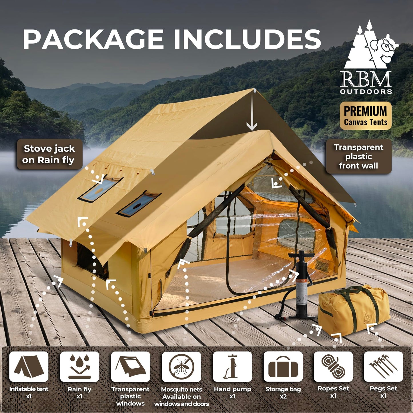 RBM Outdoors Panda Air Medium Inflatable Canvas Camping Tent for 2–4 People – Air Beam Tent with Stove Jack, Fast Setup, Hand Pump Included, Beige, Set