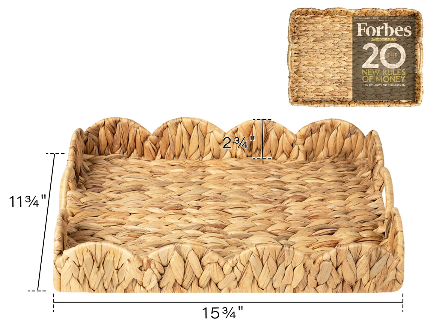StorageWorks Rectangle Wicker Scalloped Tray, Rattan Serving Trays with Handles, Water Hyacinth Basket for Decorative & Organizing, 15.75" L x 11.5" W x 2.75" H
