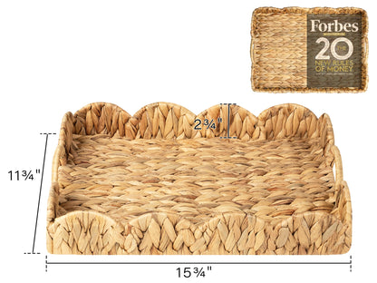 StorageWorks Rectangle Wicker Scalloped Tray, Rattan Serving Trays with Handles, Water Hyacinth Basket for Decorative & Organizing, 15.75" L x 11.5" W x 2.75" H