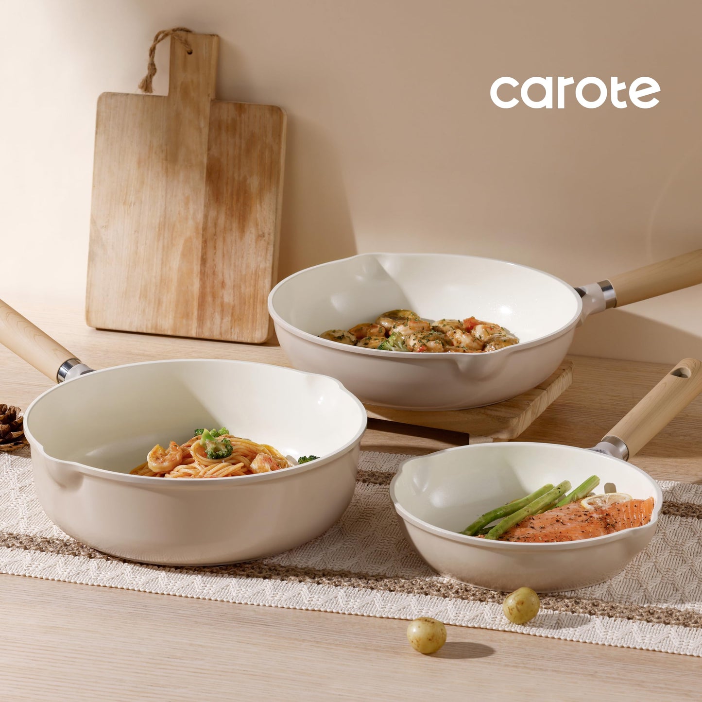 CAROTE 10" Ceramic Frying Pan with Lid, Non Stick Frying Pan Skillet Chef's Pan, Healthy & PFOA/PFAS Free, Induction-Compatible, Taupe