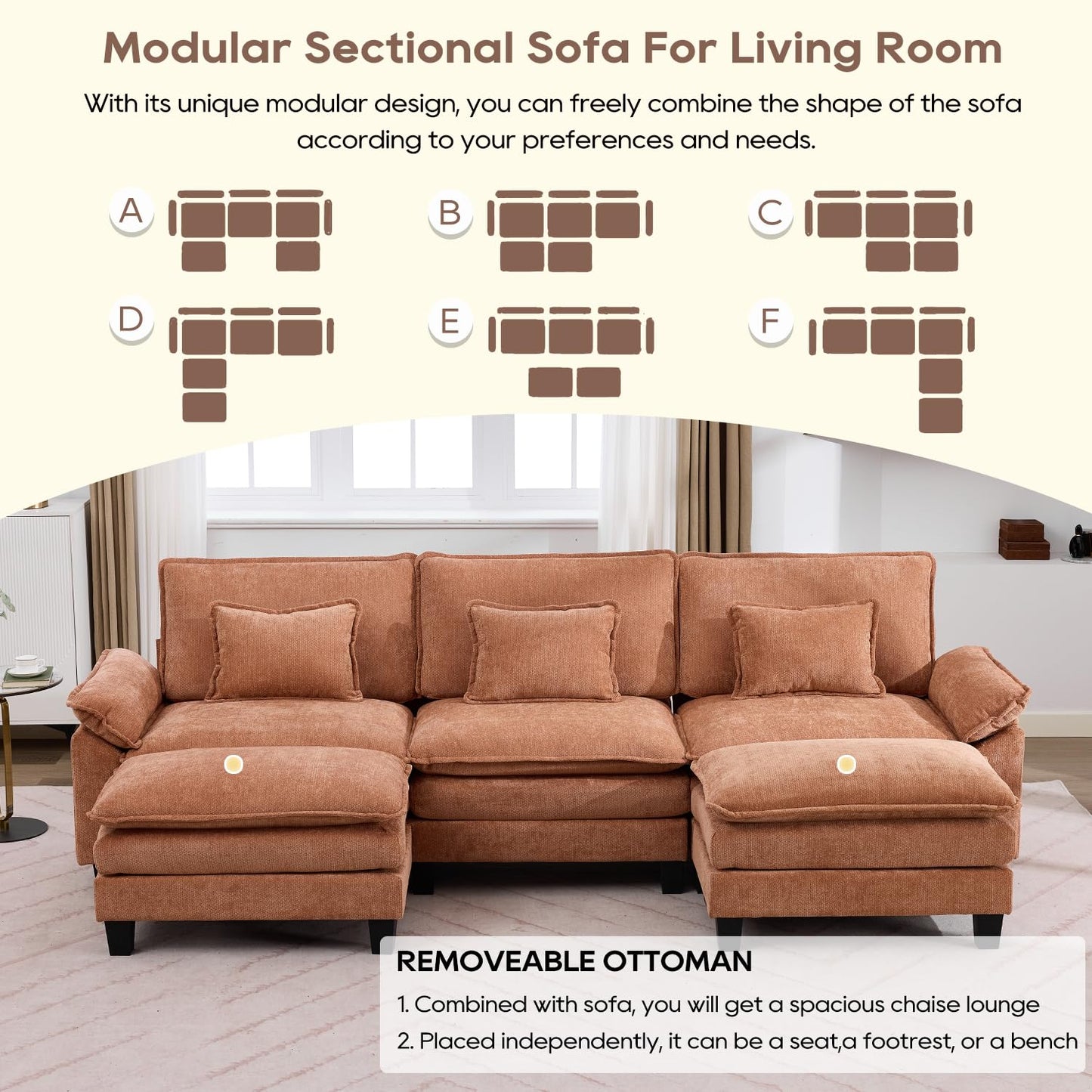 IPKIG 117" Modular Sectional Sofa, Chenille U-Shaped Sectional Couch Comfy Upholstered 3 Seat Sofa with 2 Ottoman, Deep Seat Cloud Couch Sofa for Living Room, Orange