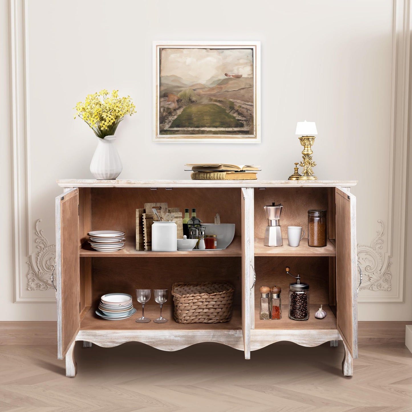 FansaFurn Accent Storage Cabinet with 3 Carved Doors and Shelves, Farmhouse Sideboard Buffet Sideboard with Storage, Wood Kitchen Cabinet for Living Room, Entryway, Dining Room and Kitchen, Wash Grey