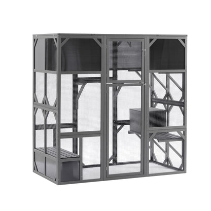 Ball & Cast Outdoor Wooden Cat House Catio Enclosure with Enter Door Kennel,Bouncy Bridge,Platforms and Small Houses,Waterproof,for Walk-in Kitty Kennel,Dark Grey