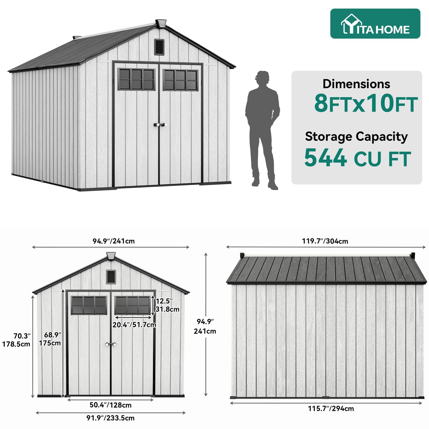 YITAHOME 8x10 FT Outdoor Storage Shed with Floor, Extra Thick Plastic Garden Shed for Bikes, Tools and Pool Supplies, Outdoor Resin Shed with Door Window Insert & Vents for Patio, Lawn, Backyard, Gray