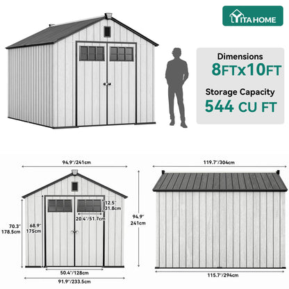 YITAHOME Large Outdoor Storage Shed 8x10 Ft, Extra Thick Plastic Storage Sheds with Floor, Lockable Doors, Vision Grid Windows, Vents, 16mm Heavy Duty Garden Storage for Bikes Mowers and Tools, Gray