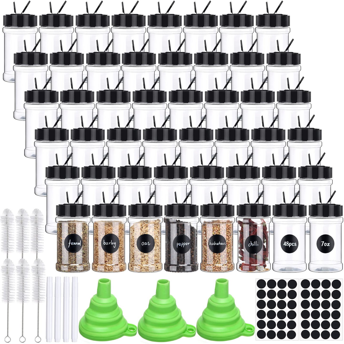 Mimorou 48 Pcs Clear Plastic Spice Jars Spice Bottles with Shaker Lids Plastic Seasoning Containers with Chalk Labels Chalk Marker Collapsible Funnel Brush Storage Containers for Kitchen Cabinet