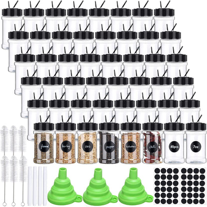 Mimorou 48 Pcs Clear Plastic Spice Jars Spice Bottles with Shaker Lids Plastic Seasoning Containers with Chalk Labels Chalk Marker Collapsible Funnel Brush Storage Containers for Kitchen Cabinet