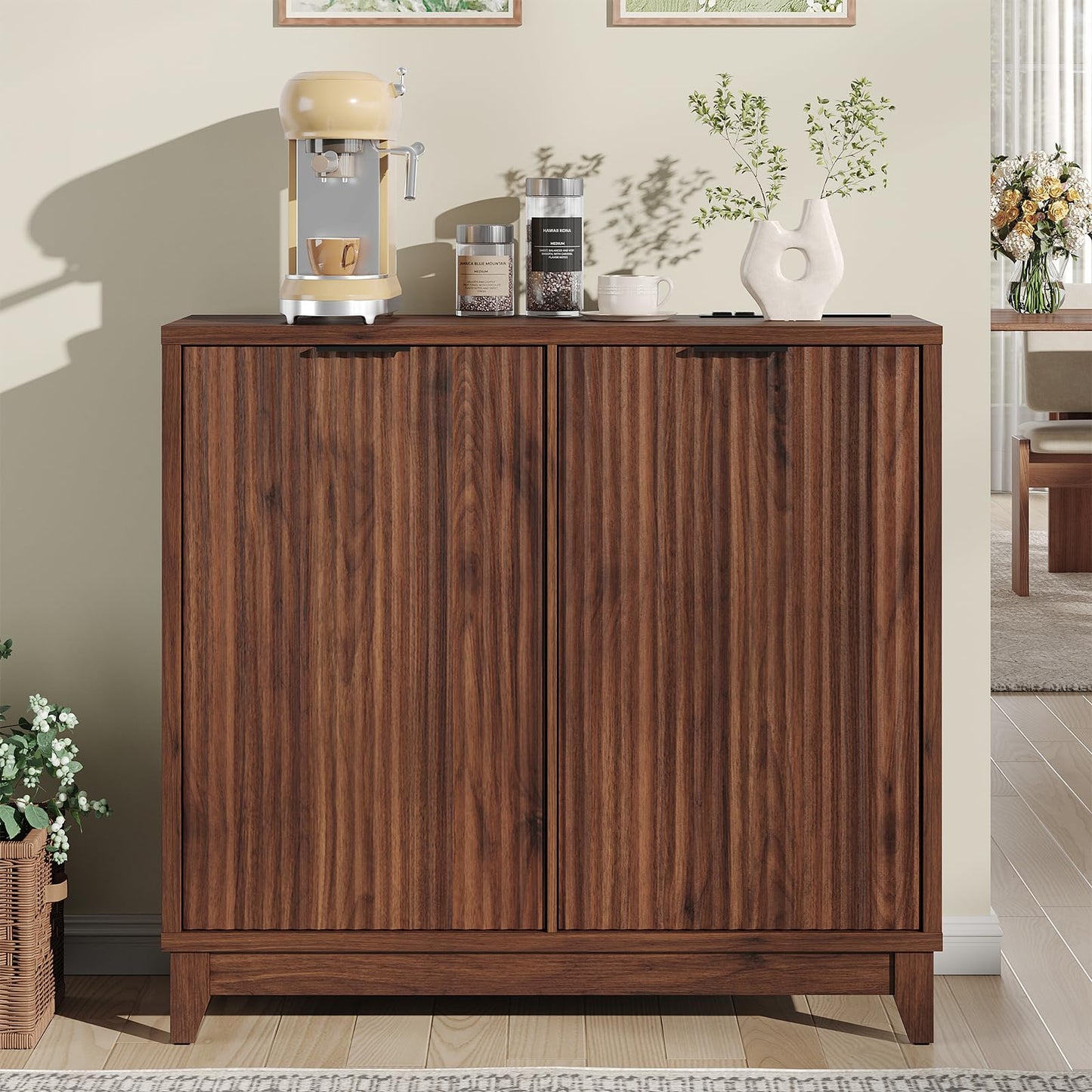 Double Tilt Out Trash Can Cabinet with Odor Control, Outlets, Fluted Trash Cabinet 13 Gallon Hidden Bin Storage, Modern Kitchen Cabinet with Soft-Close Door, Laundry Hamper Cabinet for Bathroom