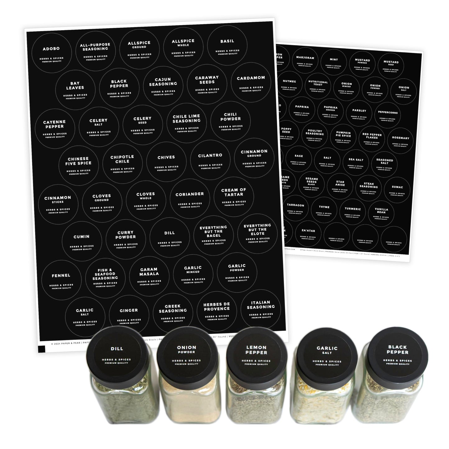Modern Style Round Black Spice Labels Stickers Preprinted Waterproof by Paper & Pear - Oil Resistant Kitchen Pantry Labels for Home Improvement - 1.35 Inches Pantry Stickers - Set of 80 (No Jars)