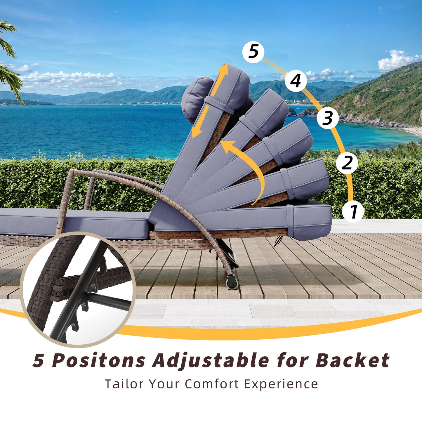 GarveeLife 2-Piece Rattan Patio Folding Chaise Lounge, 5-Position Adjustable Backrest Outdoor Lounge Chair with Cushion and Pillow for Poolside, Backyard, Deck, Porch, Blue