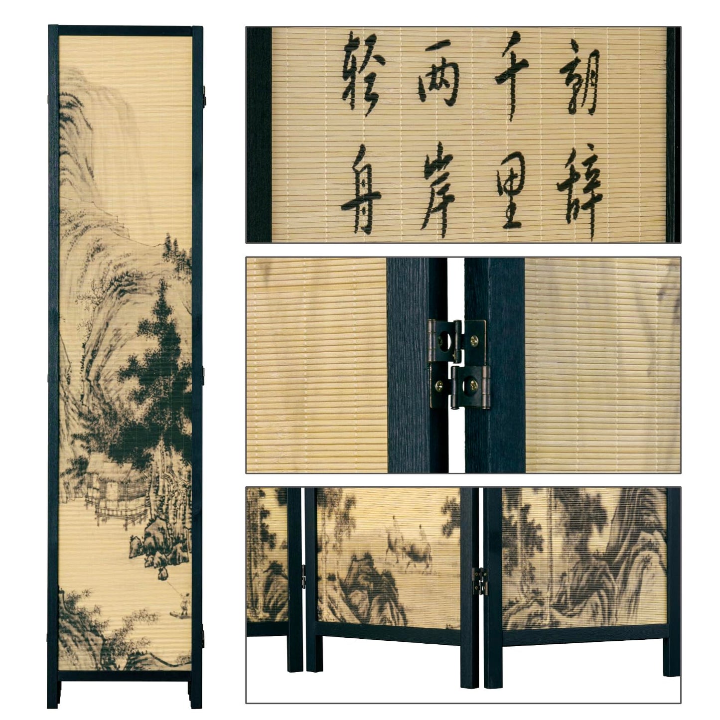 MyGift Decorative 6 Panel Folding Room Divider Bamboo Screen with Chinese Calligraphy Design, 6FT Freestanding Floral Artwork Room Partitioner with Black Wood Frame 94.5''W x 69''H