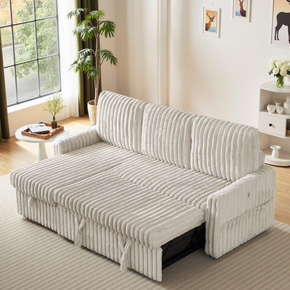 KCGKCG Sleeper Sofa Bed, 81” Pull Out Couch Bed, 3 in 1 L-Shaped Couch with Charging Station, Cup Holder, Side Pocket, Couches for Living Room(Plush Beige)