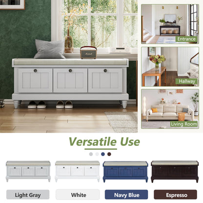Merax Classic Storage Bench with Cushioned Seat and Three Drawers for Entryway & Living Room & Bedroom, Light Gray