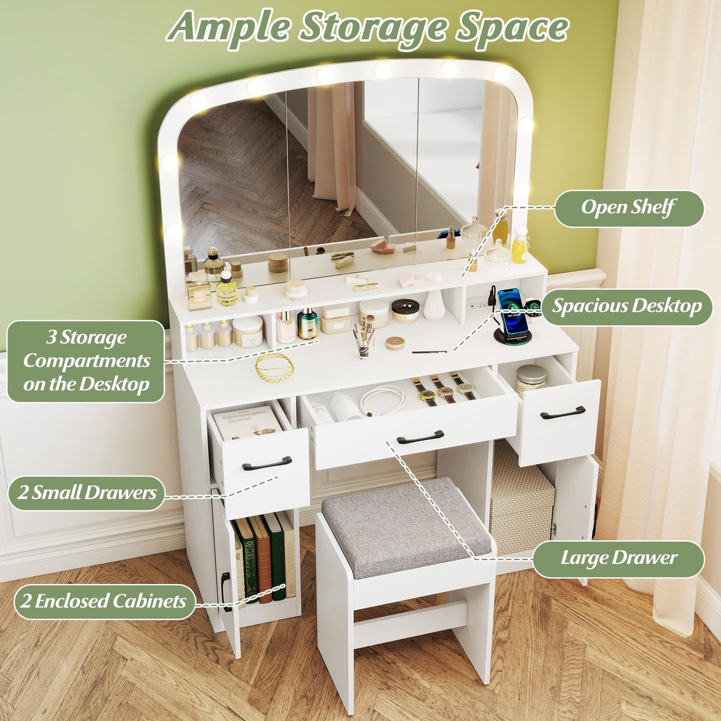 CHARMAID White Vanity Desk with Arched Mirror and Lights, Large Makeup Vanity Table with Charging Station, Storage Drawers & Cabinets, Modern Dressing Table with Stool for Bedroom