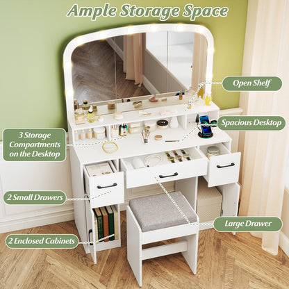 CHARMAID White Vanity Desk with Arched Mirror and Lights, Large Makeup Vanity Table with Charging Station, Storage Drawers & Cabinets, Modern Dressing Table with Stool for Bedroom
