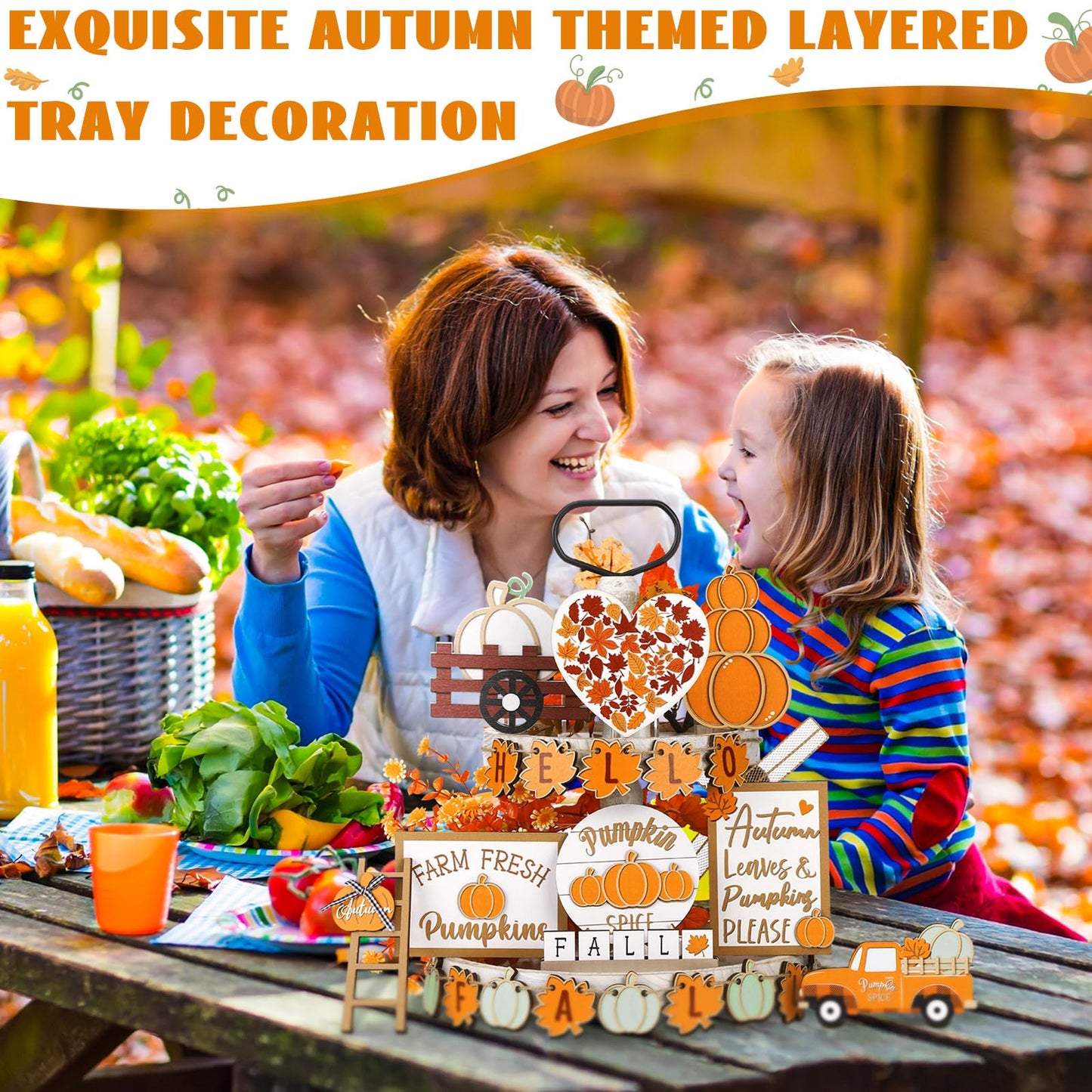 Maitys 23 Pcs Thanksgiving Tiered Tray Decoration Set Fall Pumpkin Maple Leaf Truck Wooden Sign Table Centerpieces Decor for Autumn Thanksgiving Day Farmhouse Kitchen Table Shelf Supplies
