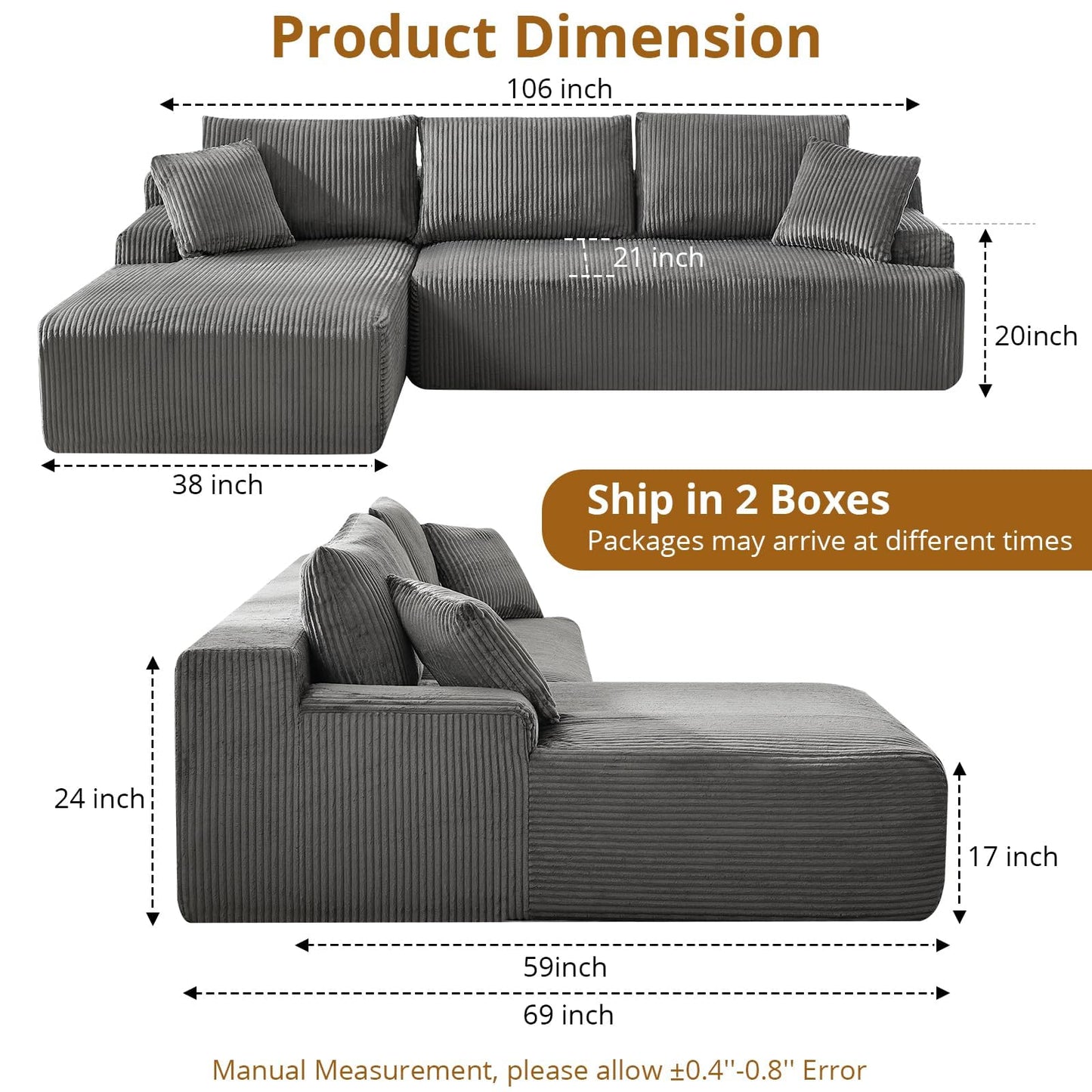 Cloud Boneless L-Shape Couch 108" Modern Sectional Comfy No Assembly Required Sleeper Modular Sofa with Corduroy Fabric Deep Seat Loveseat + Chaise Lounge Chair for Living Room