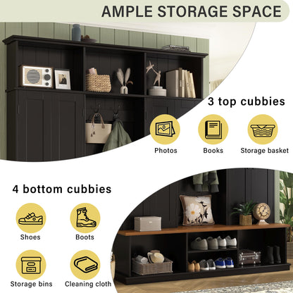 Merax 62.2''W Entryway Hall Tree with Bench, 3 Top Cubbies & Bottom Storage Space, Farmhouse Coat Rack with Hooks & Cabinets for Entryway, Hallway, Mudroom, Living Room