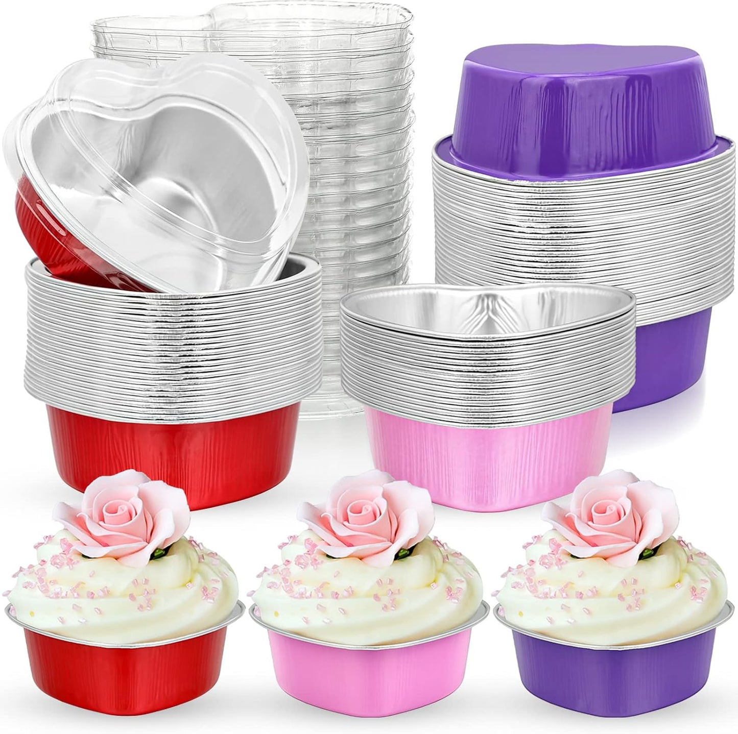 Honeydak Heart Shape Cake Pan, Aluminum Foil Mini Cake Cup with Lids, 100ml Disposable Baking Cups, 3 Colors (48 Sets)
