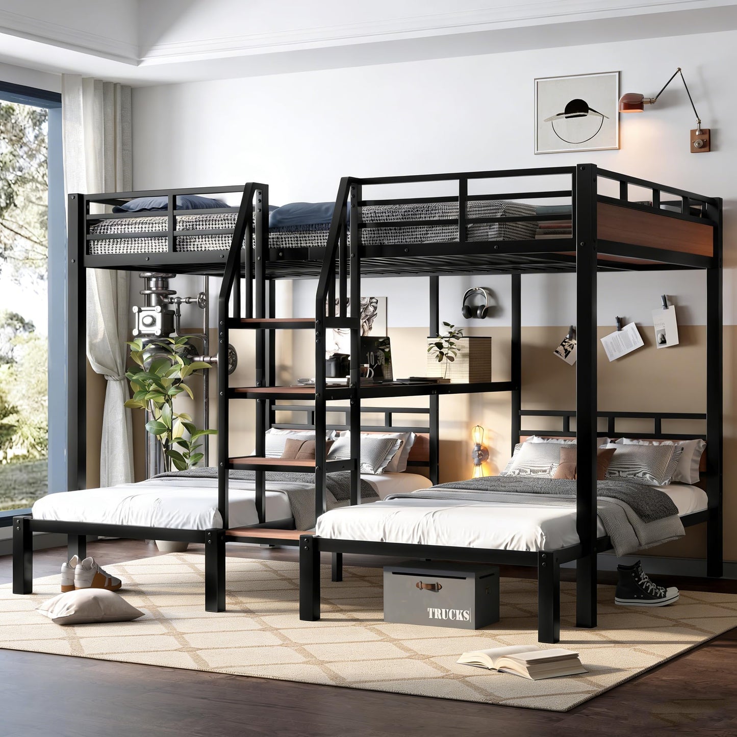 Bellemave Queen Over Twin Over Twin Bunk Beds for 3 Kids,Metal Heavy Duty Triple Bunk Bed Frame with Stairs and Storage Shelf,3 Bed Bunk Beds,Twin Size Triple Bed,Black