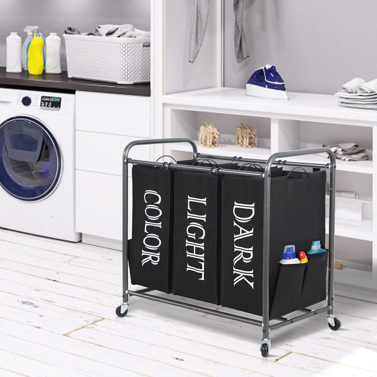 Storage Maniac Laundry Sorter - 3 Section Hamper Cart with Lockable Wheels & Removable Bag | 35.9 Gal Black