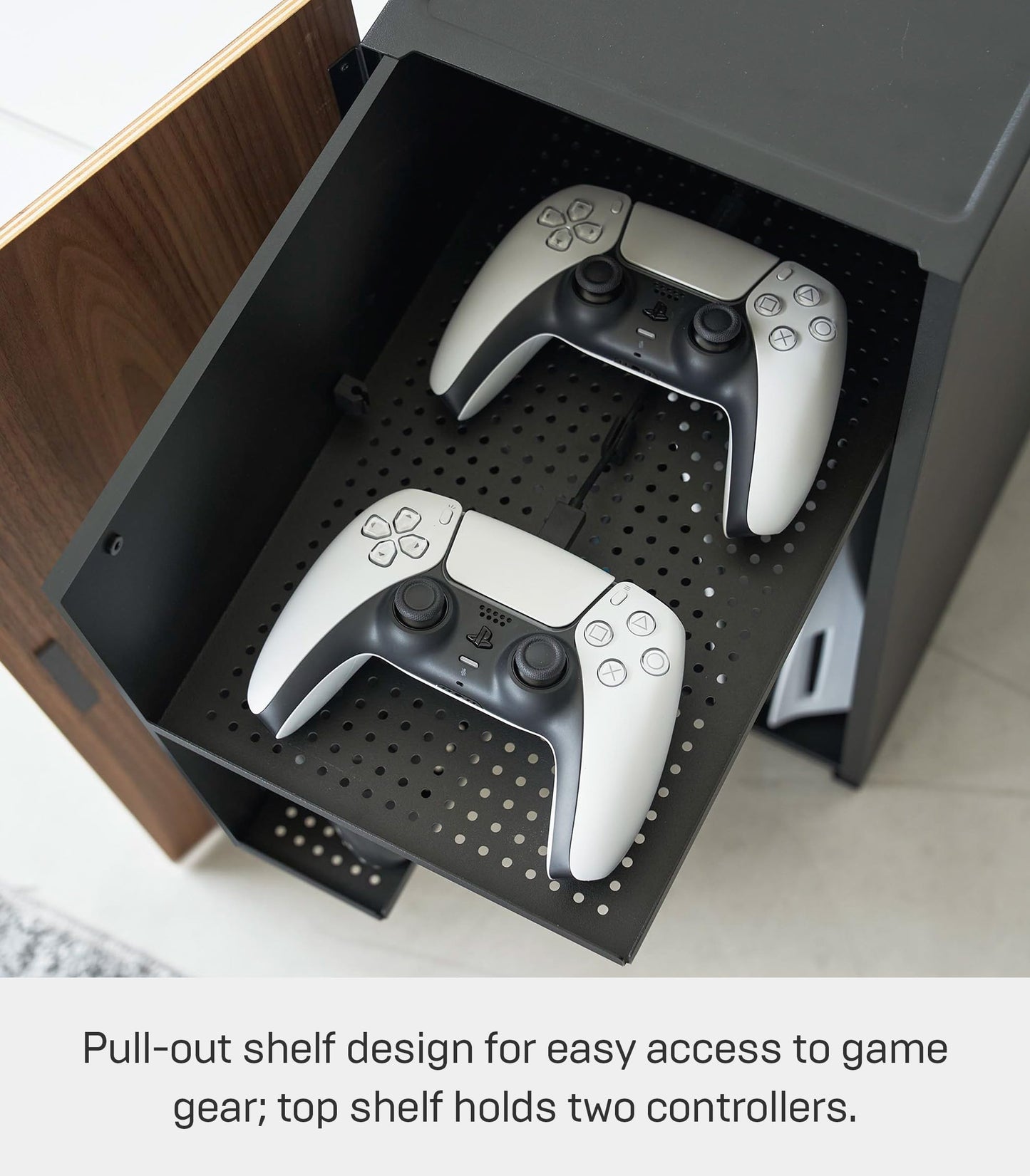 Yamazaki Home Tower Large Capacity Game Console Rack – Organize Controllers, Pull-Out Shelf, Cable Management - Steel
