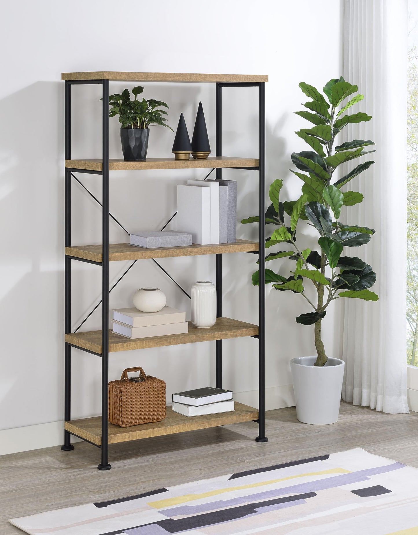 Coaster Home Furnishings - Analiese - Wood and Metal - 4-Tier Bookshelf with Open Shelves, X-Back Bracing, and Rectangular Frame - Home Office - 63-Inch - Mango - 802003