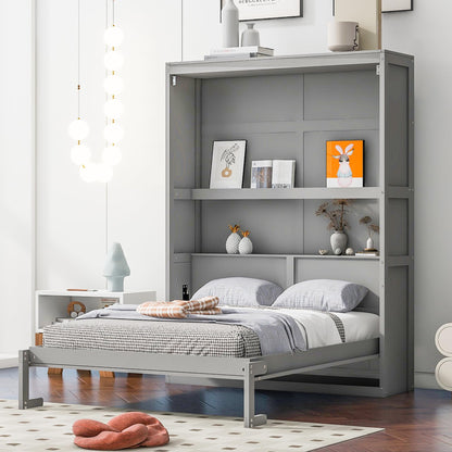 Ball & Cast Full Size Murphy Bed Wall Bed with Shelves and Mattress Holder,Wood Hideaway Cabinet Chest w/Slat Support,can be Folded,for Small Room,Dorms,Gray