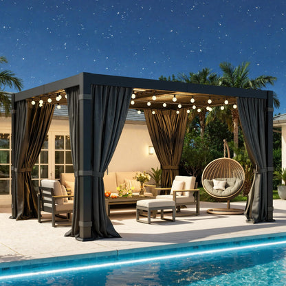 10' x 12' Louvered Pergola, Outdoor Pergola with Metal Adjustable Louvered Roof & Gutter System, Hardtop Patio Gazebo for Backyard, Patio, Garden, Dark Gray