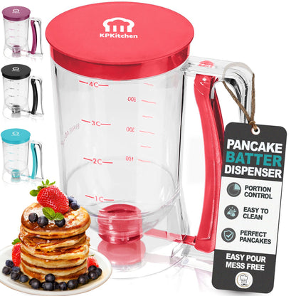 Pancake Batter Dispenser - Kitchen Must Have Tool for Perfect Pancakes, Cupcake, Waffle, Muffin Mix, Cake & Crepe - Easy Pour Baking Supplies for Griddle - Pancake Maker with Measuring Label (Red)
