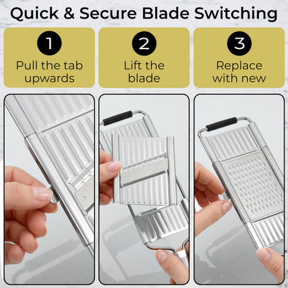 Gramercy Handheld Mandoline Slicer for Kitchen - Stainless Steel Veggie & Fruit Slicer with 4 Blades - Slicer, Julienne & Grater; Cut Resistant Safety Glove & Cleaning Brush Included; Dishwasher Safe