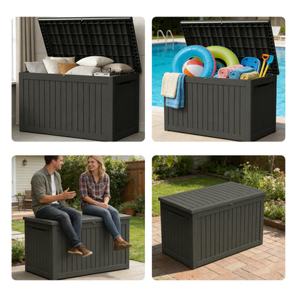 Decksplore 270 Gallon Outdoor Storage Box Resin Deck Box All Weather Waterproof Large Lockable Storage Container Deck Box for Patio Furniture, Garden Tools, Lockable, Black