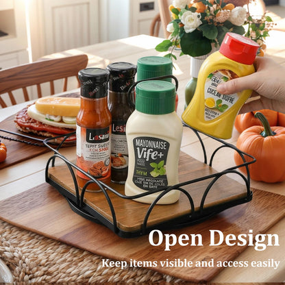 WRINGKIT Condiment Caddy with Handle Lazy Susan, 9 Inch Wood Spice Caddy, 360° Turntable Organizer for Cabinet, Kitchen, Condiment Holder for Table, Restaurants, Seasoning Tray